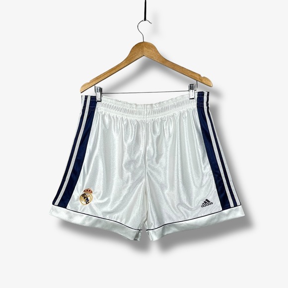 Vintage Adidas Real Madrid Soccer Shorts Mens L White Blue Striped Futbol Retro - Picture 1 of 9